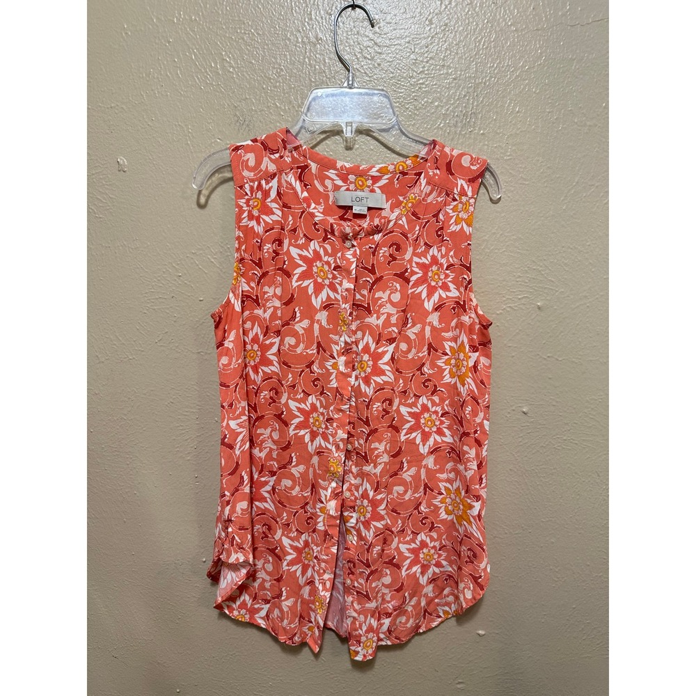 LOFT Womens XS Sleeveless Button Up‎ Floral Blouse Top Coral Summer Casual